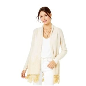 Lilly Pulitzer NWOT Tatum long Gold Tan Fringe Cardigan Sweater Open Front SZ Sm